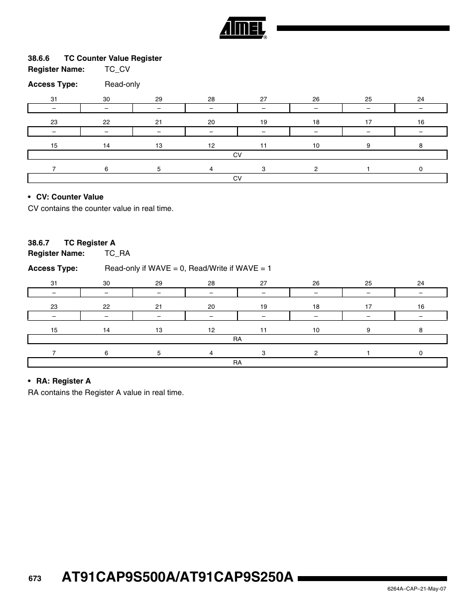 6 tc counter value register, 7 tc register a | Rainbow Electronics AT91CAP9S250A User Manual | Page 673 / 1008