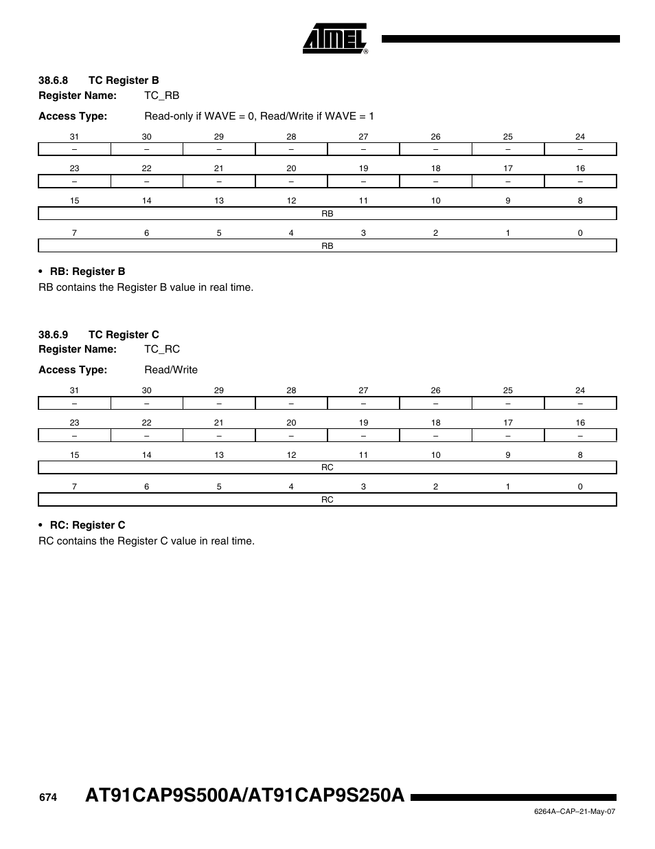 8 tc register b, 9 tc register c | Rainbow Electronics AT91CAP9S250A User Manual | Page 674 / 1008