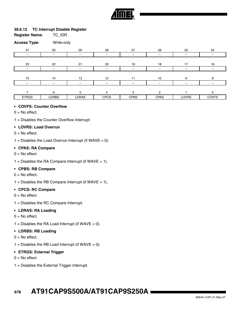 12 tc interrupt disable register | Rainbow Electronics AT91CAP9S250A User Manual | Page 678 / 1008