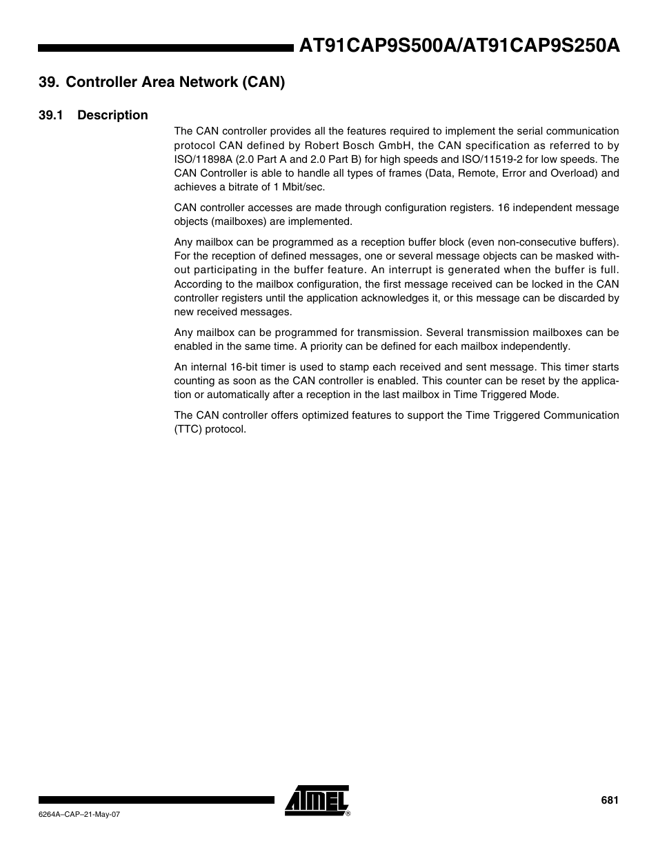 Controller area network (can), 1 description | Rainbow Electronics AT91CAP9S250A User Manual | Page 681 / 1008