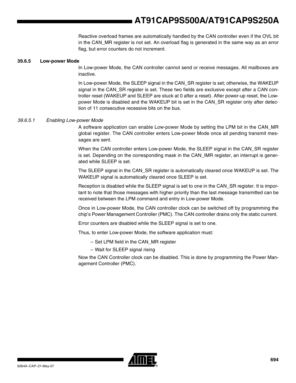 5 low-power mode | Rainbow Electronics AT91CAP9S250A User Manual | Page 694 / 1008