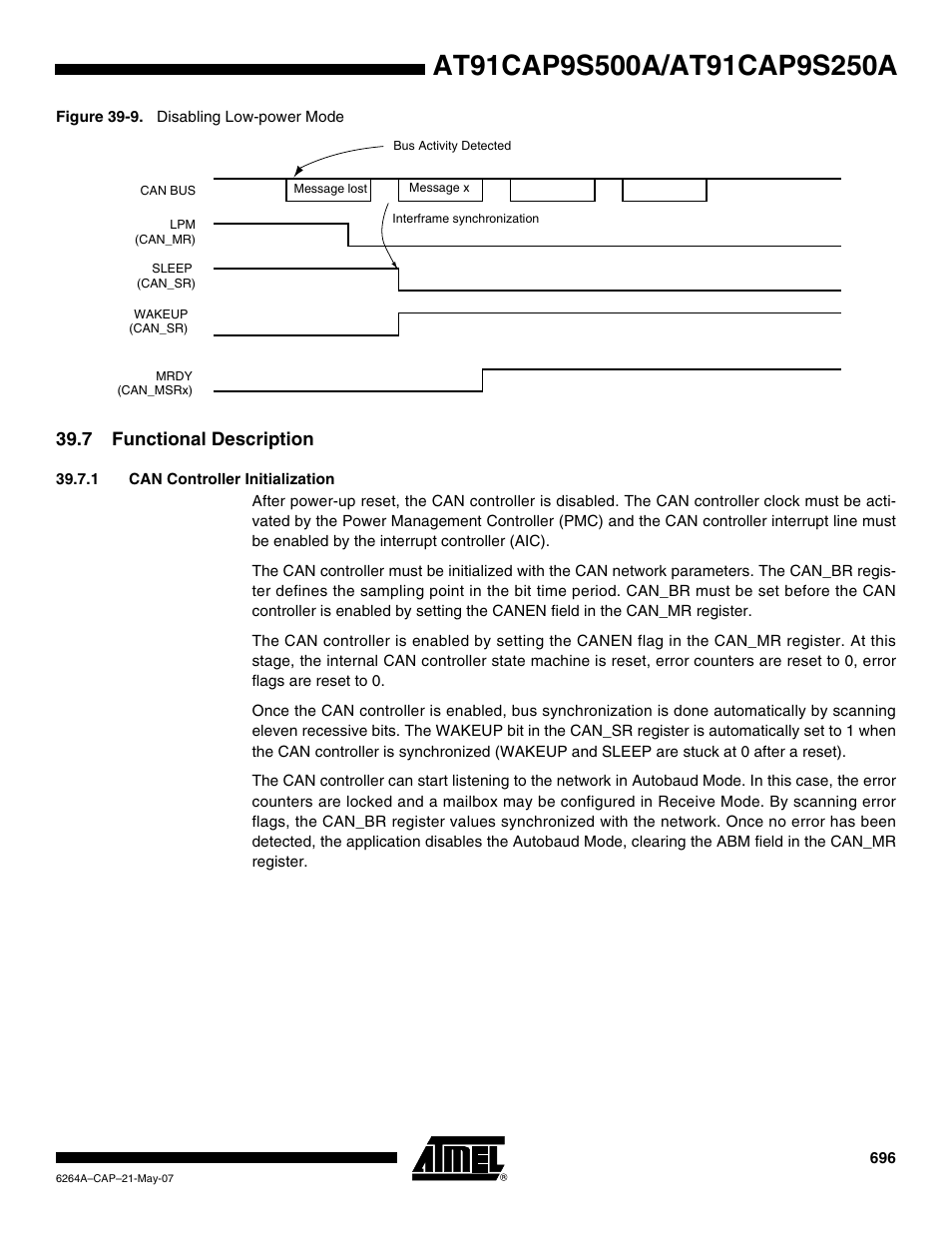 7 functional description, 1 can controller initialization | Rainbow Electronics AT91CAP9S250A User Manual | Page 696 / 1008
