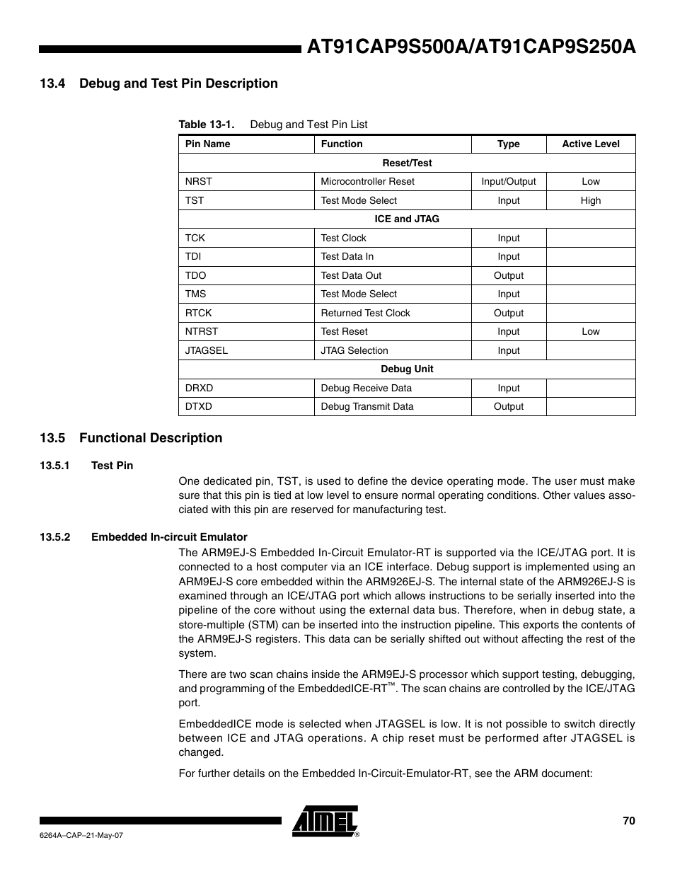 4 debug and test pin description, 5 functional description, 1 test pin | 2 embedded in-circuit emulator | Rainbow Electronics AT91CAP9S250A User Manual | Page 70 / 1008