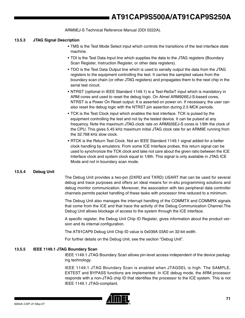 3 jtag signal description, 4 debug unit, 5 ieee 1149.1 jtag boundary scan | Rainbow Electronics AT91CAP9S250A User Manual | Page 71 / 1008