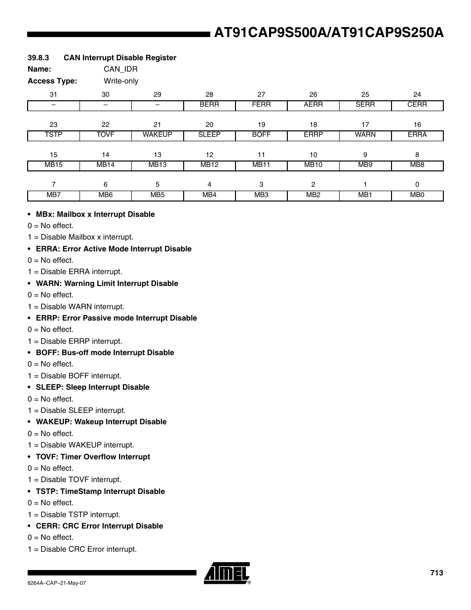 3 can interrupt disable register | Rainbow Electronics AT91CAP9S250A User Manual | Page 713 / 1008