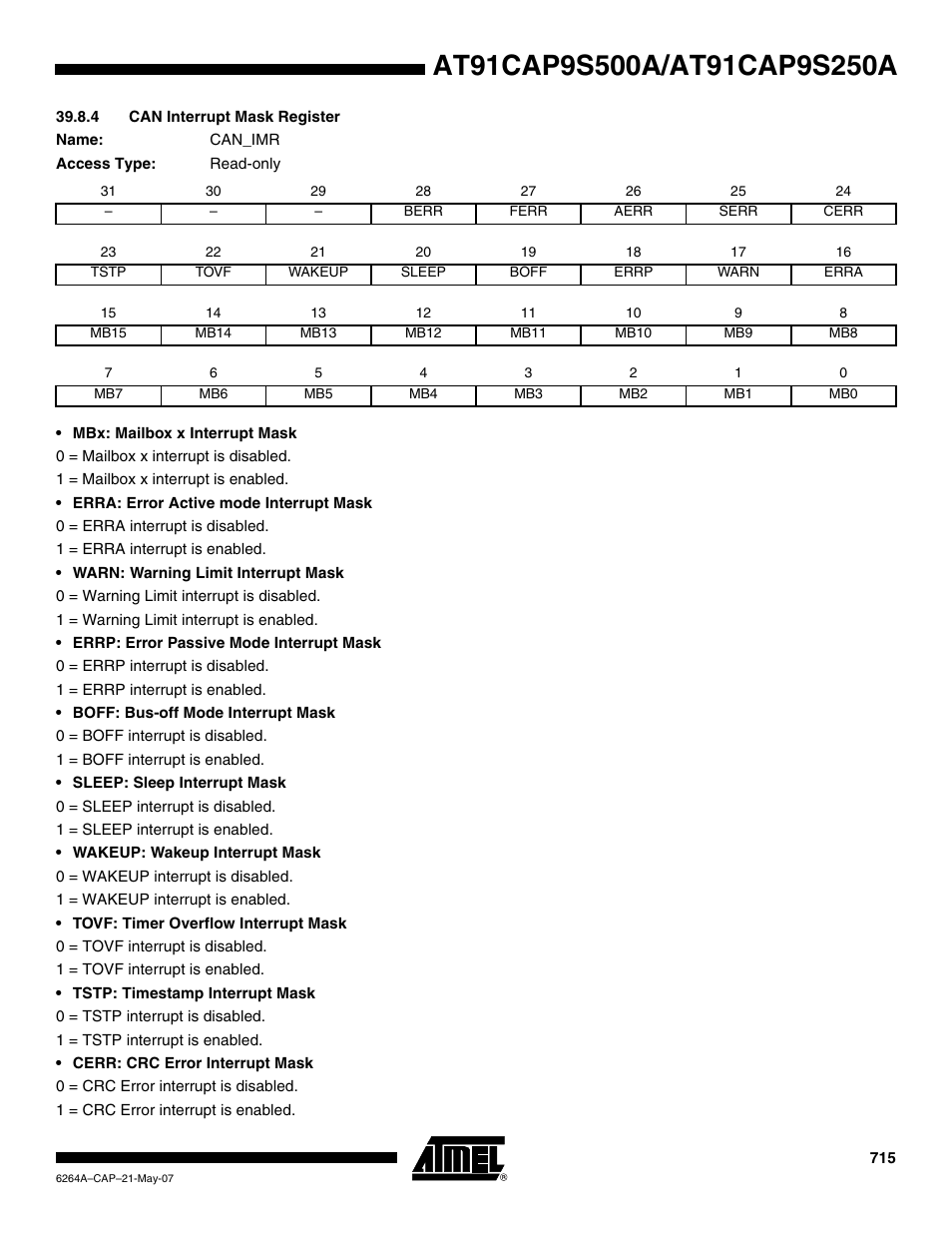 4 can interrupt mask register | Rainbow Electronics AT91CAP9S250A User Manual | Page 715 / 1008