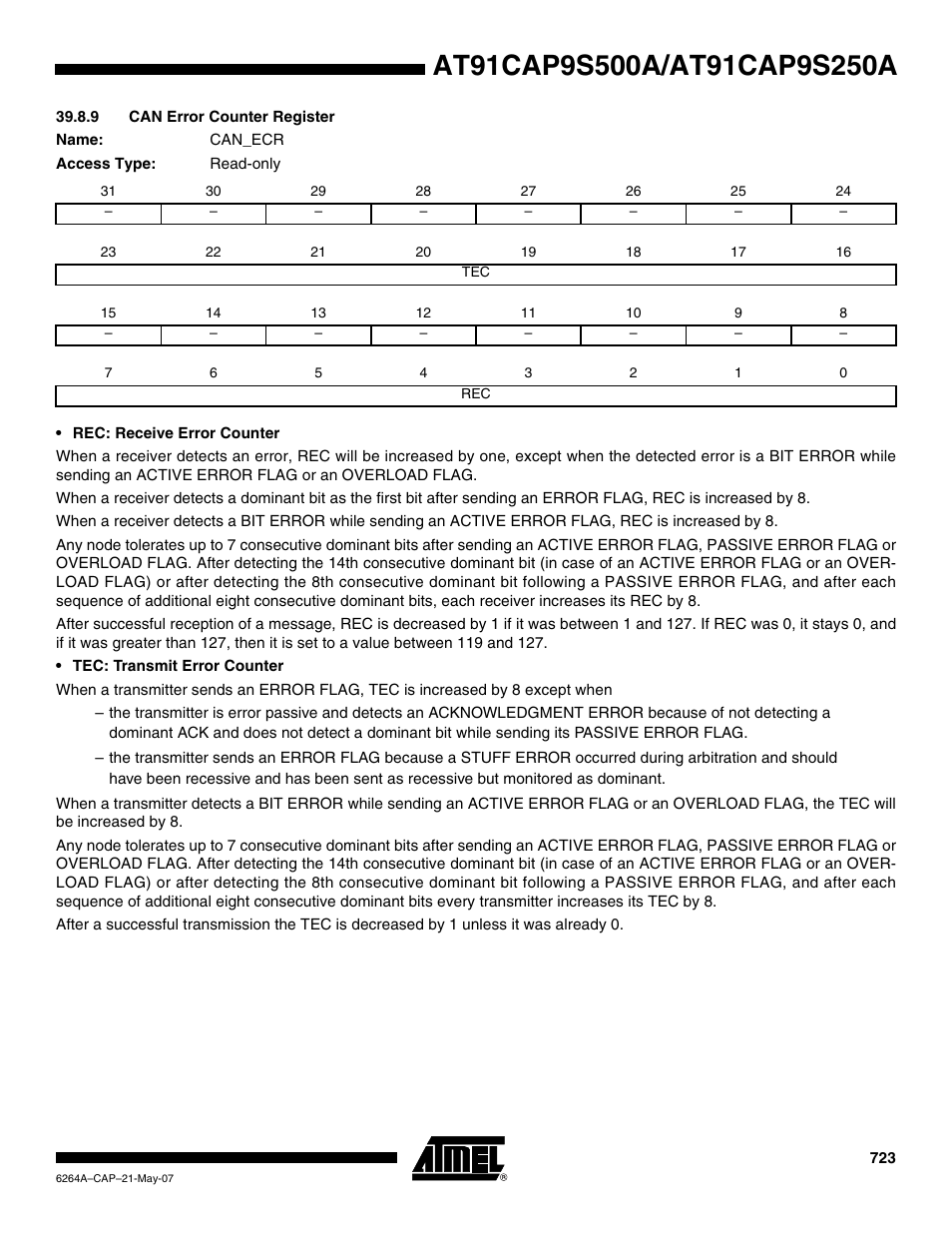 9 can error counter register | Rainbow Electronics AT91CAP9S250A User Manual | Page 723 / 1008