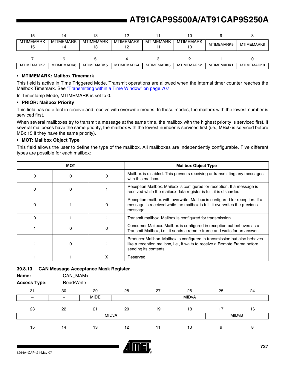 13 can message acceptance mask register | Rainbow Electronics AT91CAP9S250A User Manual | Page 727 / 1008