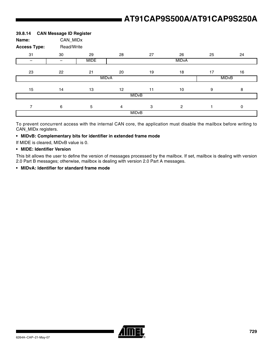 14 can message id register | Rainbow Electronics AT91CAP9S250A User Manual | Page 729 / 1008