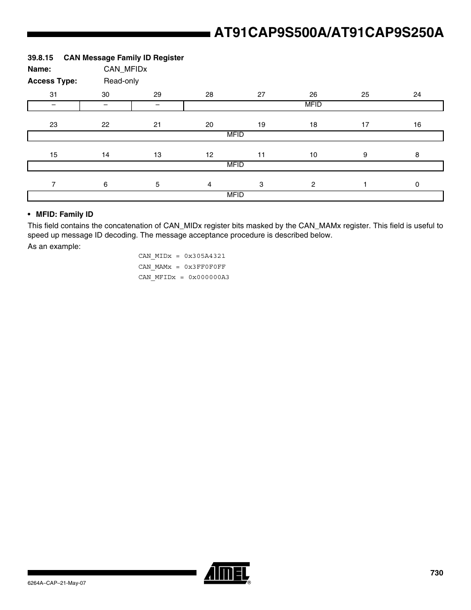 15 can message family id register | Rainbow Electronics AT91CAP9S250A User Manual | Page 730 / 1008