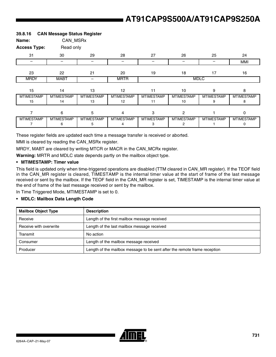 16 can message status register | Rainbow Electronics AT91CAP9S250A User Manual | Page 731 / 1008