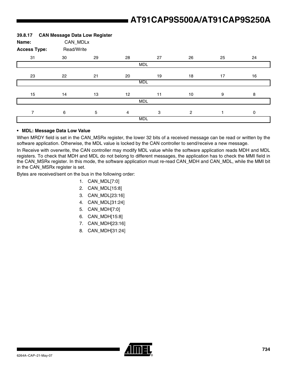 17 can message data low register | Rainbow Electronics AT91CAP9S250A User Manual | Page 734 / 1008