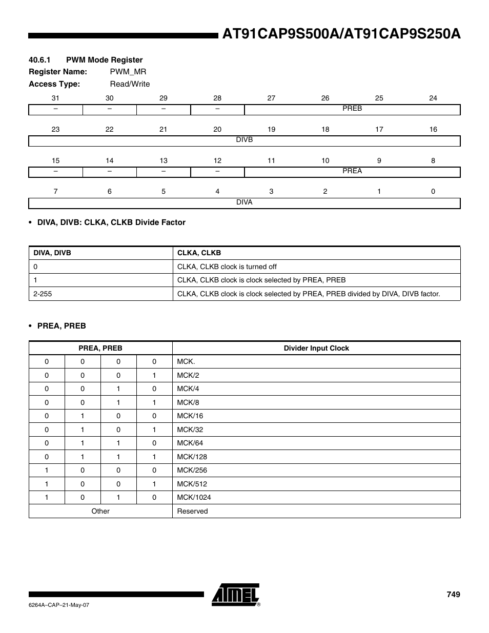 1 pwm mode register | Rainbow Electronics AT91CAP9S250A User Manual | Page 749 / 1008