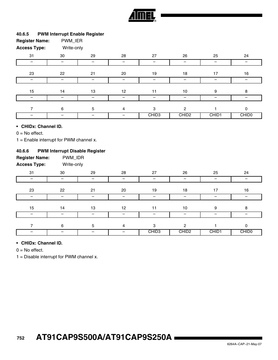 5 pwm interrupt enable register, 6 pwm interrupt disable register | Rainbow Electronics AT91CAP9S250A User Manual | Page 752 / 1008