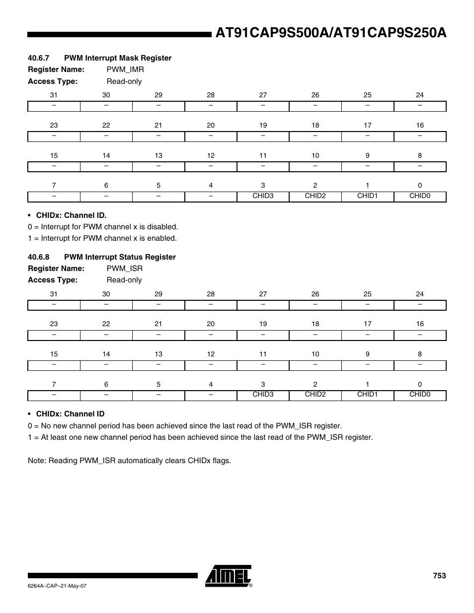 7 pwm interrupt mask register, 8 pwm interrupt status register | Rainbow Electronics AT91CAP9S250A User Manual | Page 753 / 1008