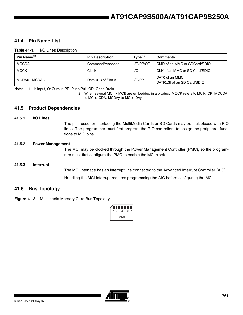4 pin name list, 5 product dependencies, 1 i/o lines | 2 power management, 3 interrupt, 6 bus topology | Rainbow Electronics AT91CAP9S250A User Manual | Page 761 / 1008