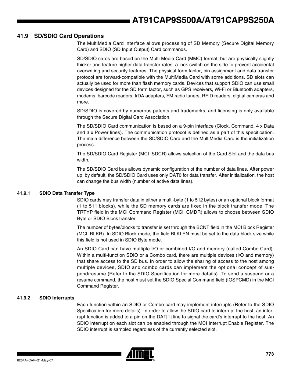 9 sd/sdio card operations, 1 sdio data transfer type, 2 sdio interrupts | Rainbow Electronics AT91CAP9S250A User Manual | Page 773 / 1008