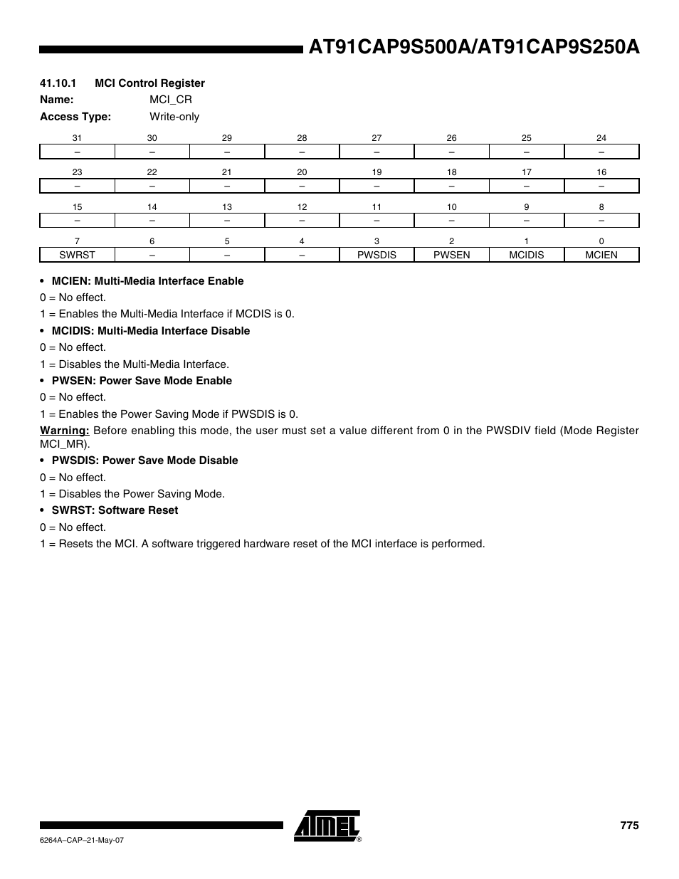 1 mci control register | Rainbow Electronics AT91CAP9S250A User Manual | Page 775 / 1008