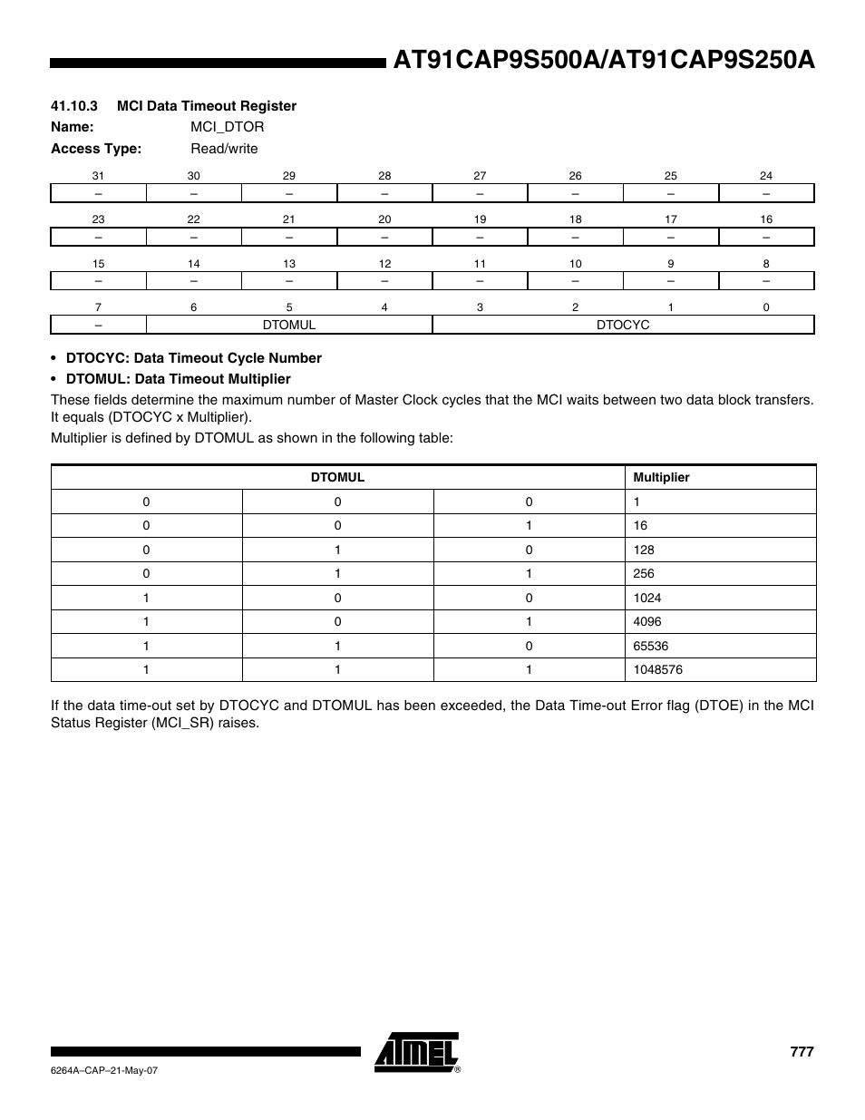 3 mci data timeout register | Rainbow Electronics AT91CAP9S250A User Manual | Page 777 / 1008