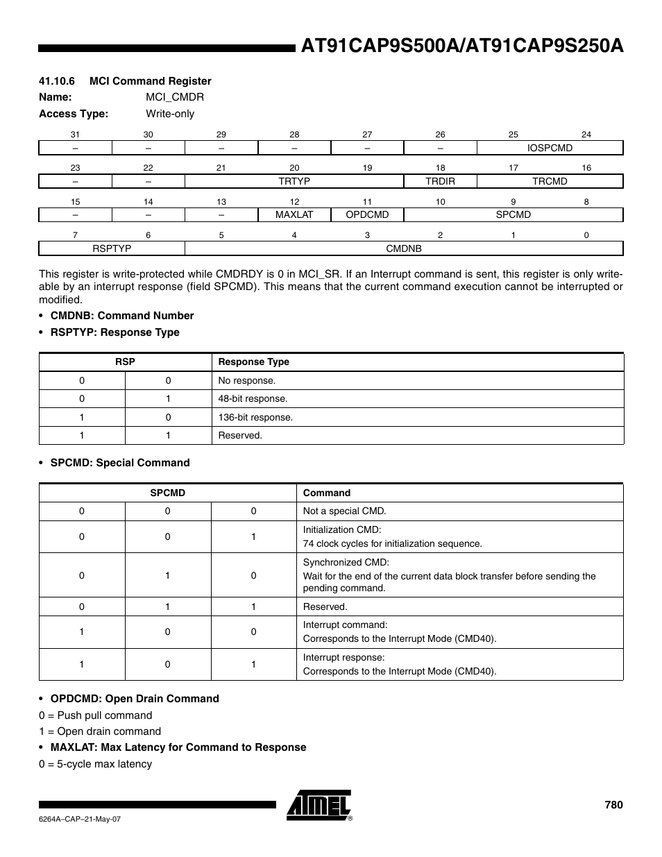 6 mci command register | Rainbow Electronics AT91CAP9S250A User Manual | Page 780 / 1008