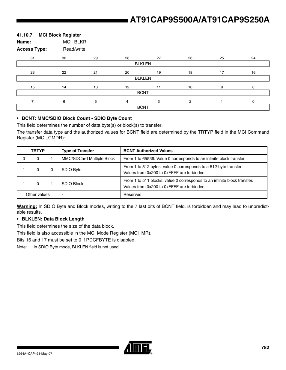 7 mci block register | Rainbow Electronics AT91CAP9S250A User Manual | Page 782 / 1008