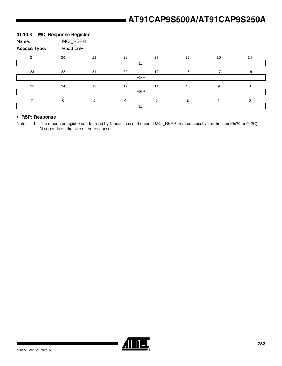 8 mci response register | Rainbow Electronics AT91CAP9S250A User Manual | Page 783 / 1008