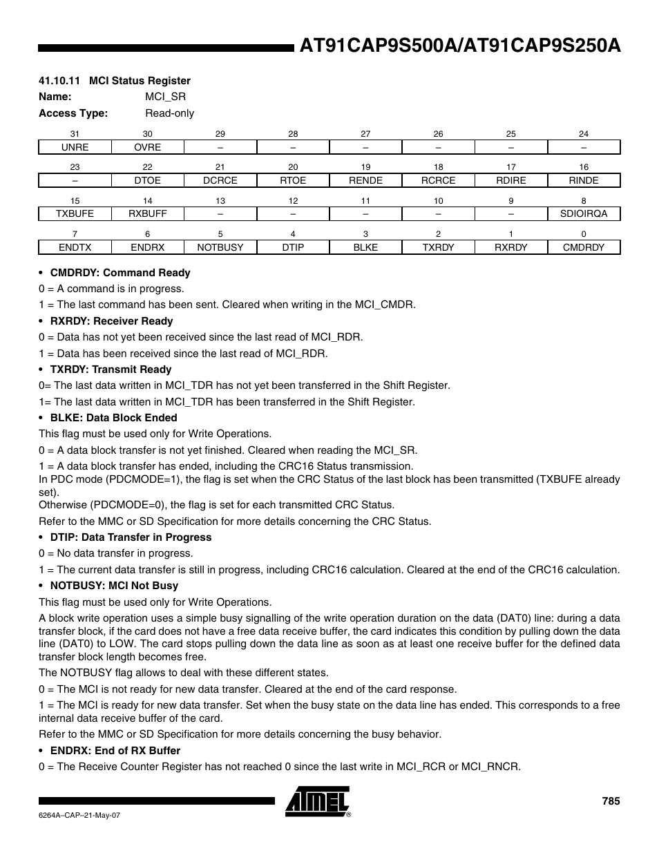 11 mci status register | Rainbow Electronics AT91CAP9S250A User Manual | Page 785 / 1008