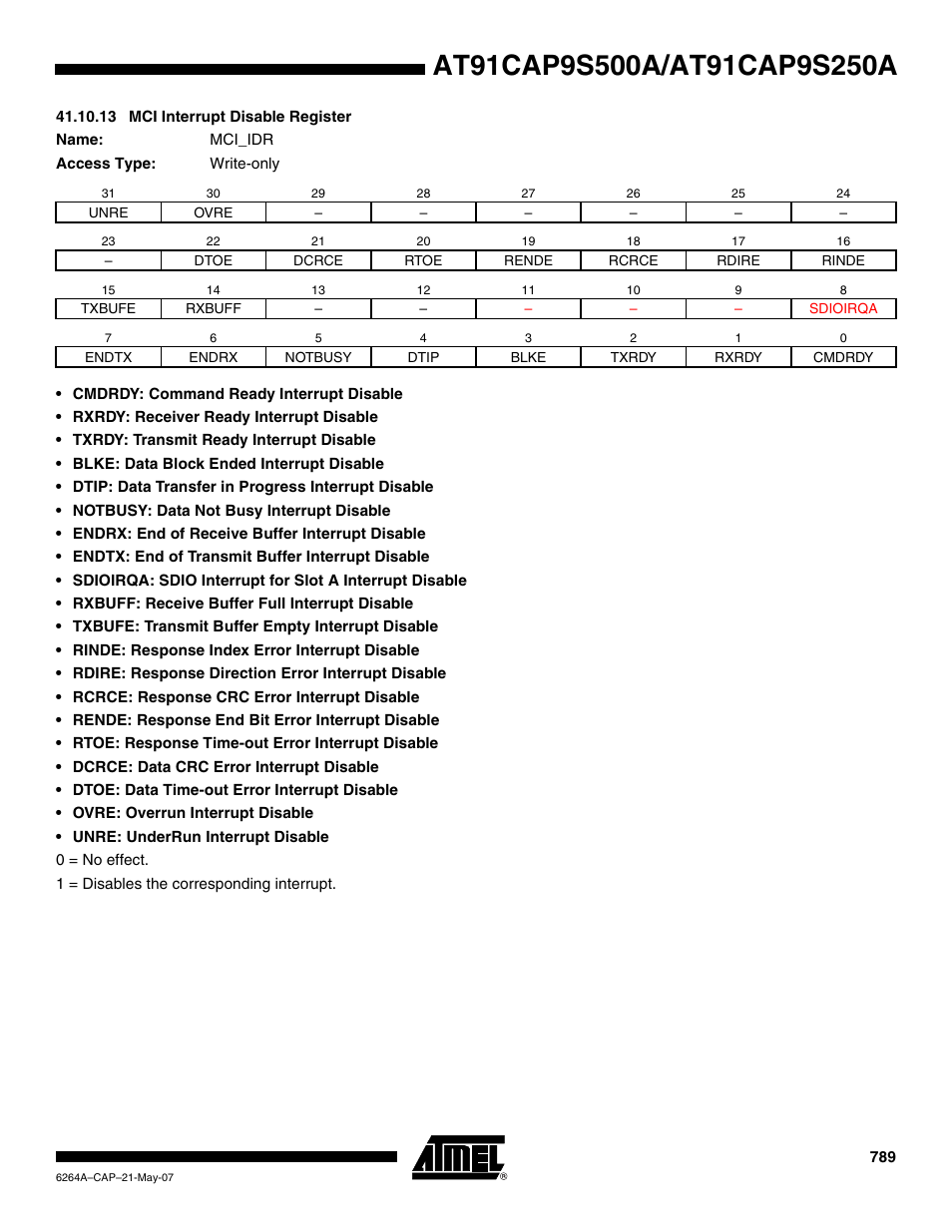 13 mci interrupt disable register | Rainbow Electronics AT91CAP9S250A User Manual | Page 789 / 1008