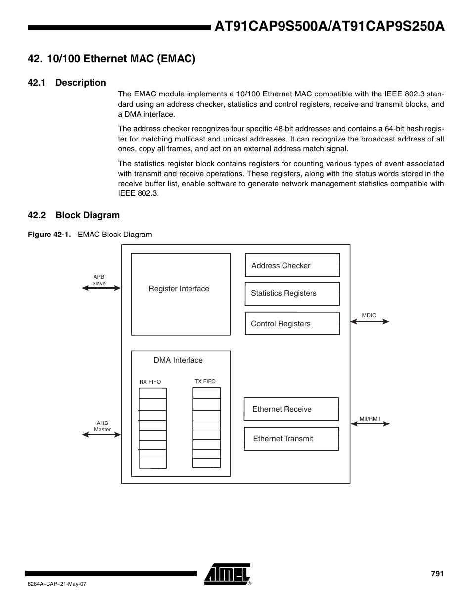 10/100 ethernet mac (emac), 1 description, 2 block diagram | Rainbow Electronics AT91CAP9S250A User Manual | Page 791 / 1008
