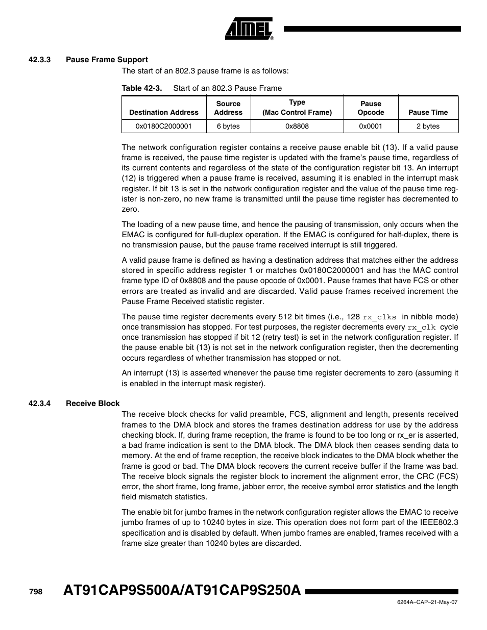 3 pause frame support, 4 receive block | Rainbow Electronics AT91CAP9S250A User Manual | Page 798 / 1008