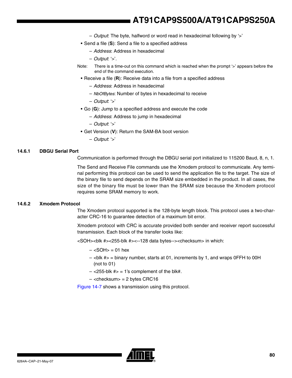 1 dbgu serial port, 2 xmodem protocol | Rainbow Electronics AT91CAP9S250A User Manual | Page 80 / 1008