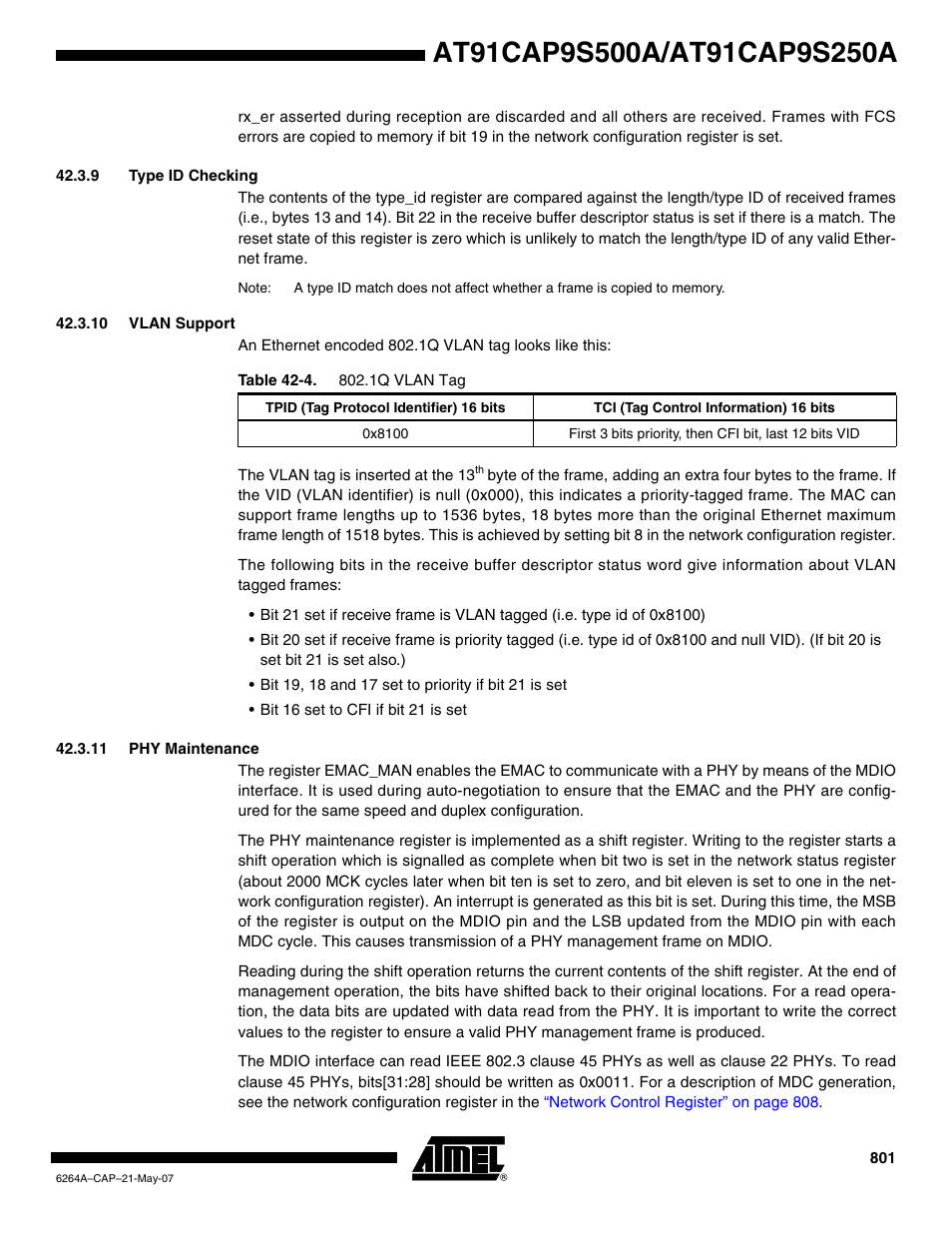 9 type id checking, 10 vlan support, 11 phy maintenance | Rainbow Electronics AT91CAP9S250A User Manual | Page 801 / 1008