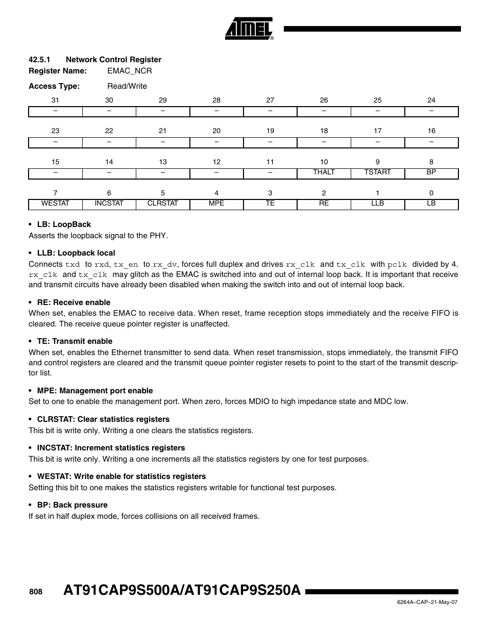 1 network control register | Rainbow Electronics AT91CAP9S250A User Manual | Page 808 / 1008