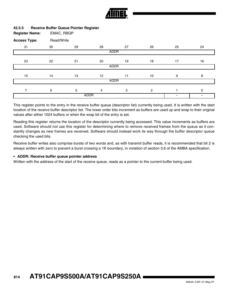 5 receive buffer queue pointer register | Rainbow Electronics AT91CAP9S250A User Manual | Page 814 / 1008