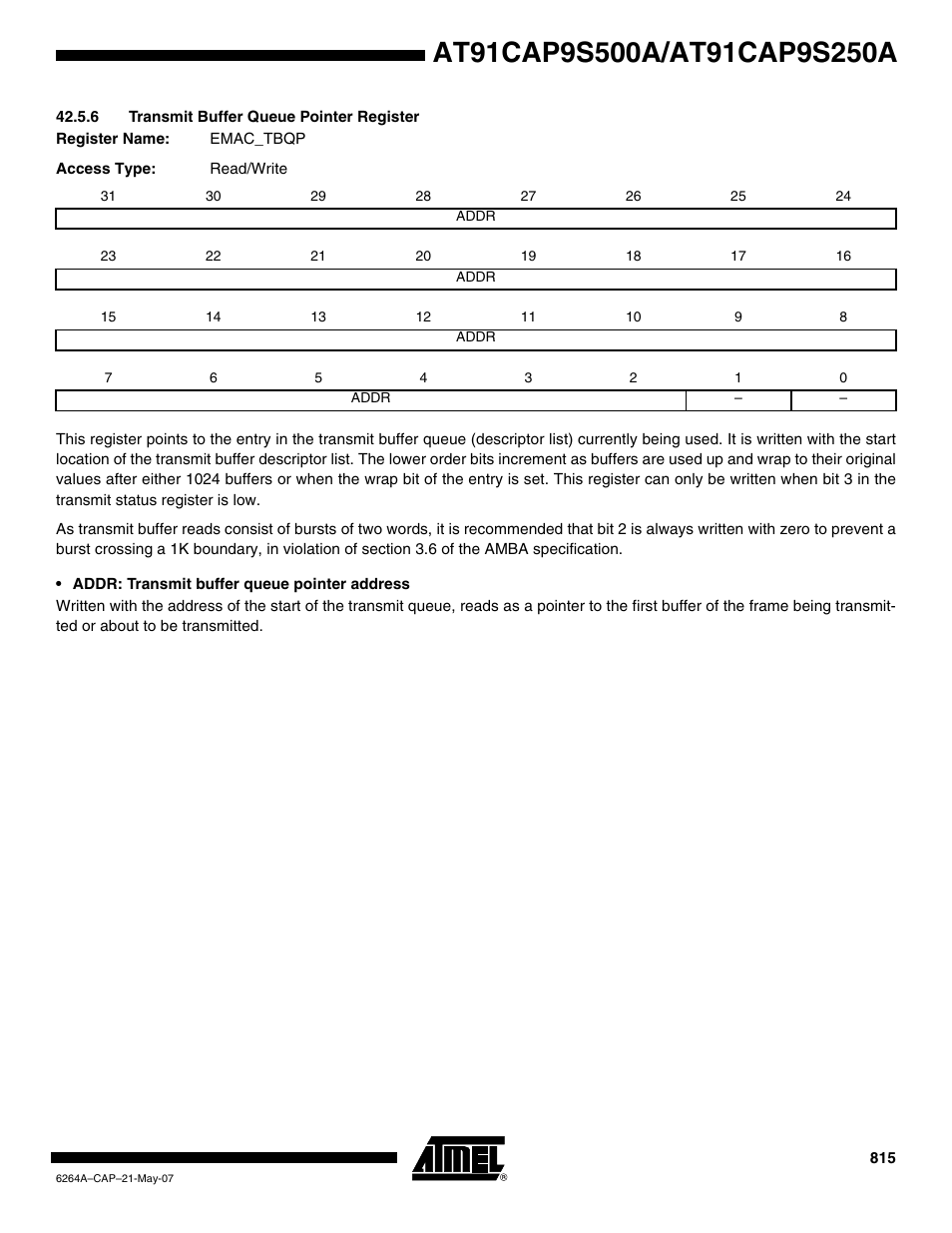6 transmit buffer queue pointer register | Rainbow Electronics AT91CAP9S250A User Manual | Page 815 / 1008