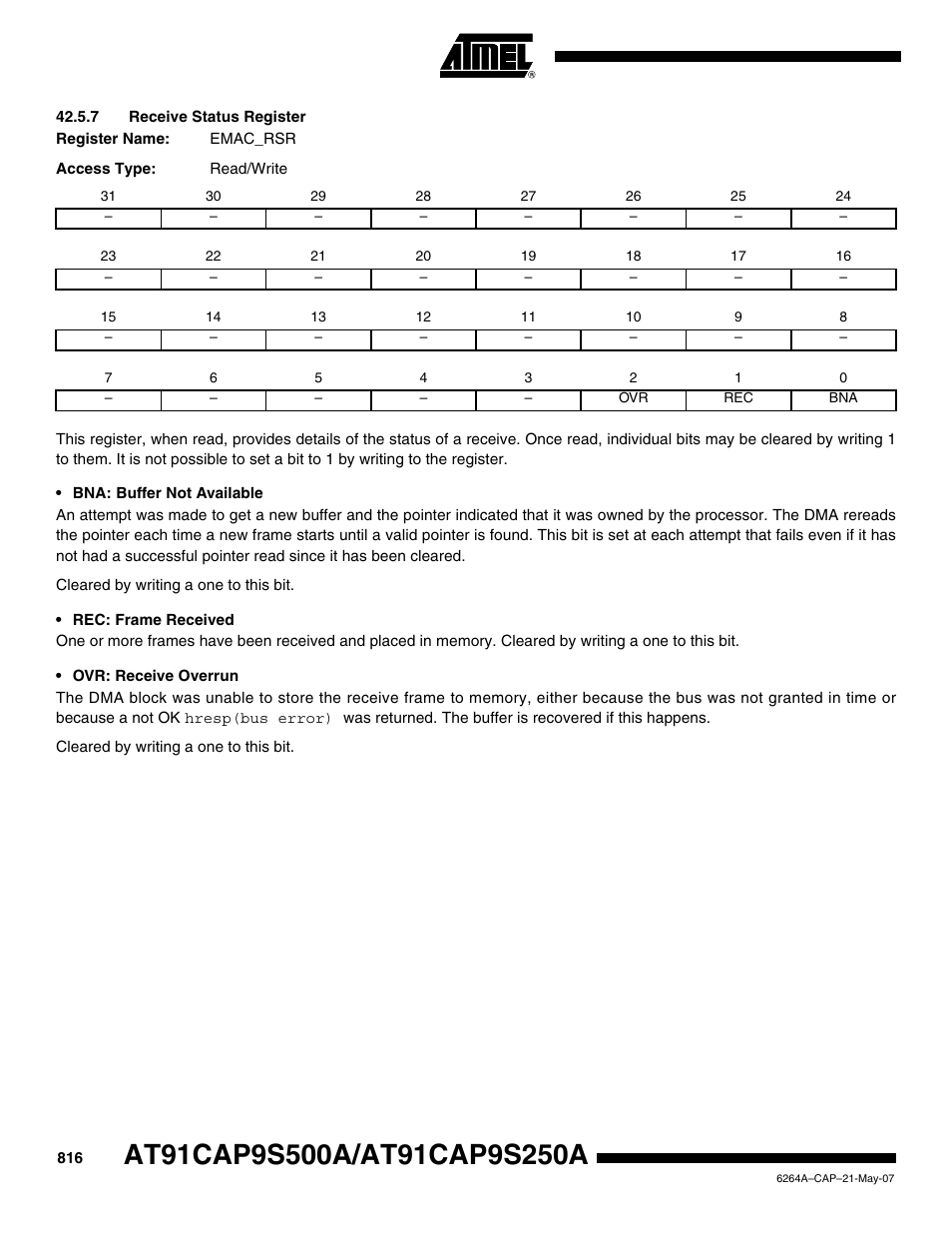 7 receive status register | Rainbow Electronics AT91CAP9S250A User Manual | Page 816 / 1008