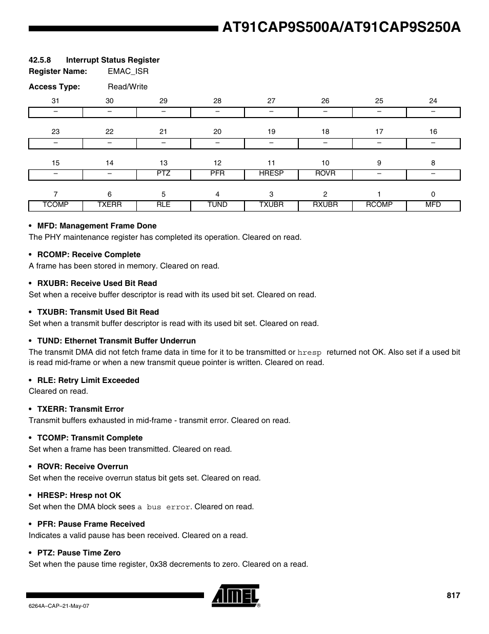8 interrupt status register | Rainbow Electronics AT91CAP9S250A User Manual | Page 817 / 1008