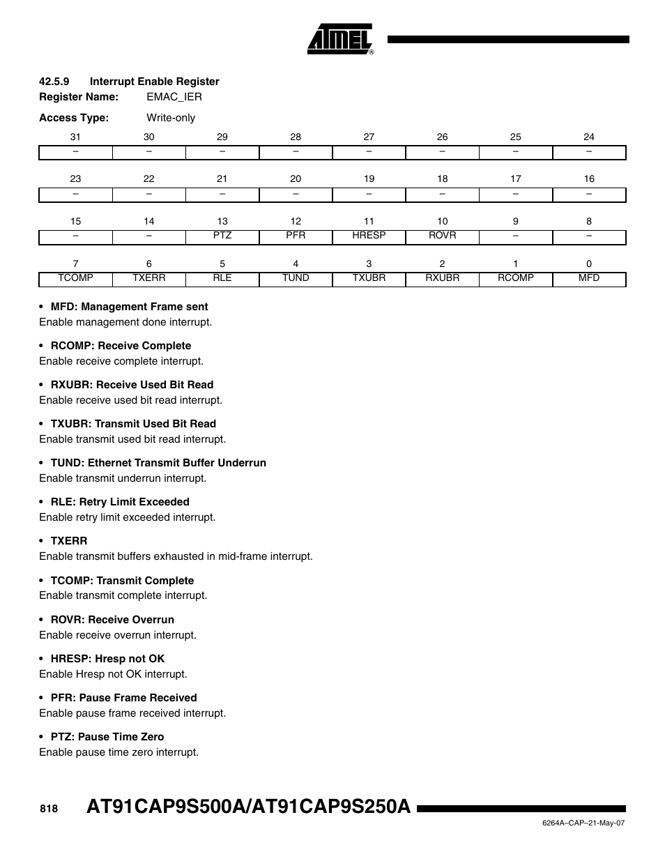 9 interrupt enable register | Rainbow Electronics AT91CAP9S250A User Manual | Page 818 / 1008