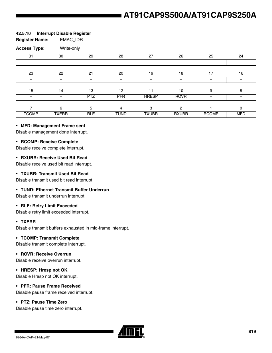 10 interrupt disable register | Rainbow Electronics AT91CAP9S250A User Manual | Page 819 / 1008