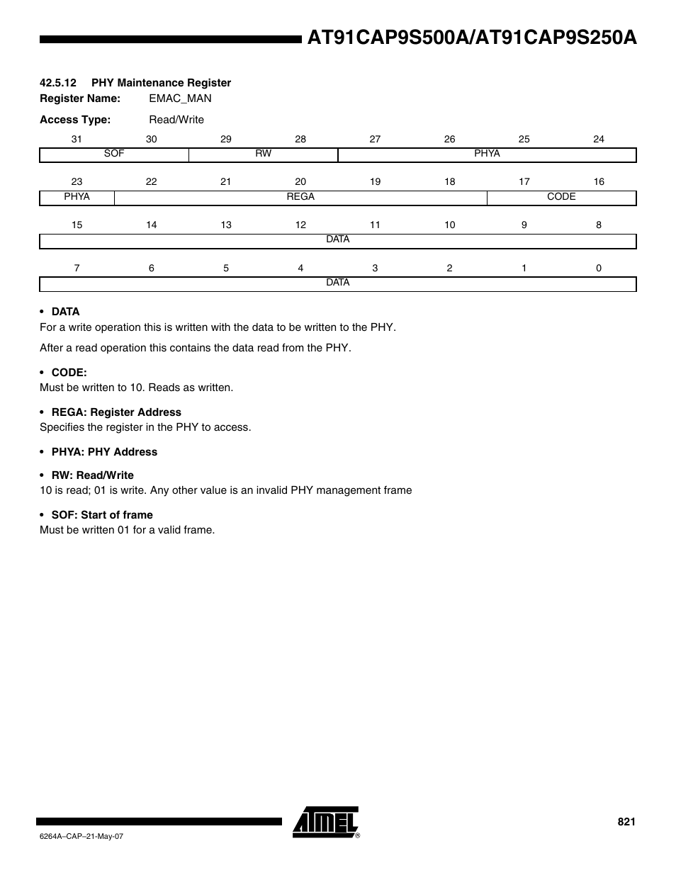 12 phy maintenance register | Rainbow Electronics AT91CAP9S250A User Manual | Page 821 / 1008