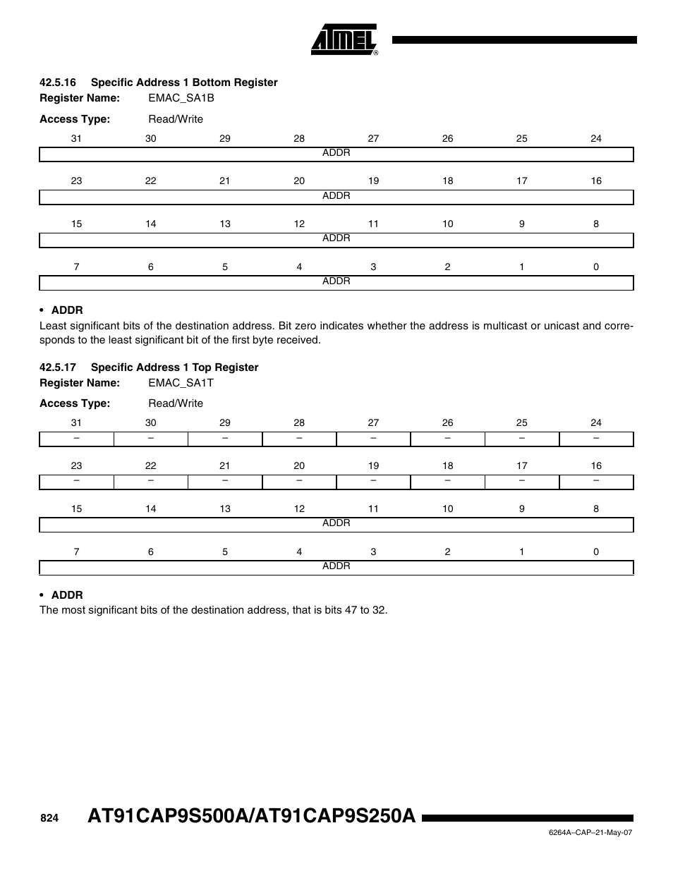 16 specific address 1 bottom register, 17 specific address 1 top register | Rainbow Electronics AT91CAP9S250A User Manual | Page 824 / 1008