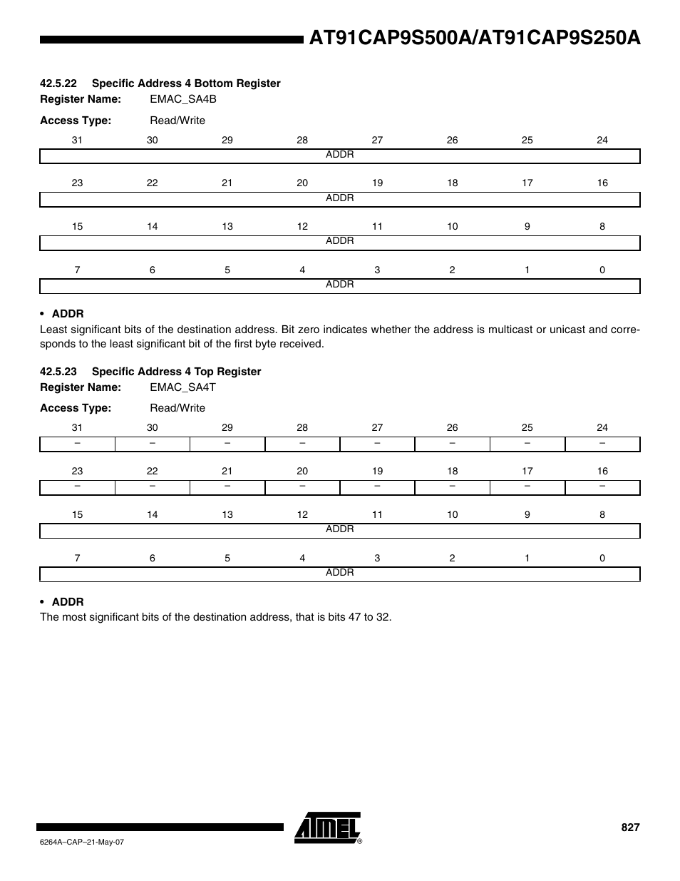 22 specific address 4 bottom register, 23 specific address 4 top register | Rainbow Electronics AT91CAP9S250A User Manual | Page 827 / 1008