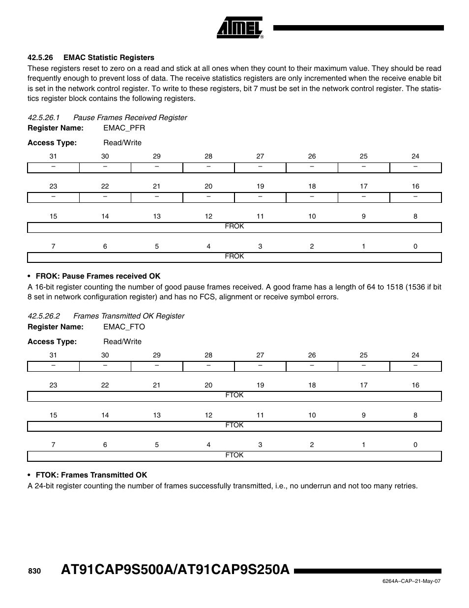 26 emac statistic registers | Rainbow Electronics AT91CAP9S250A User Manual | Page 830 / 1008