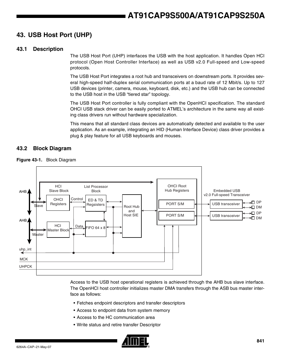 Usb host port (uhp), 1 description, 2 block diagram | Rainbow Electronics AT91CAP9S250A User Manual | Page 841 / 1008