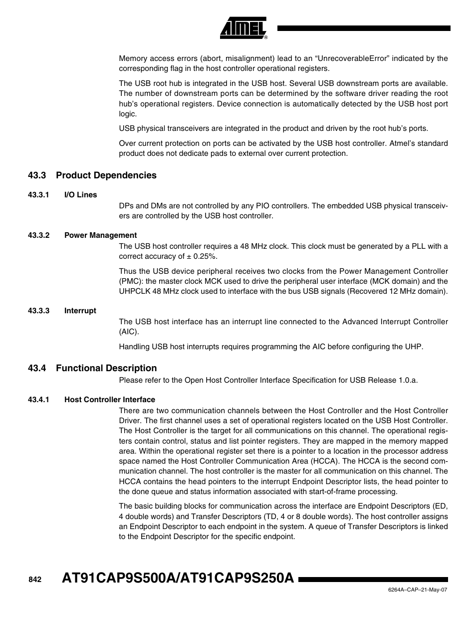 3 product dependencies, 1 i/o lines, 2 power management | 3 interrupt, 4 functional description, 1 host controller interface | Rainbow Electronics AT91CAP9S250A User Manual | Page 842 / 1008