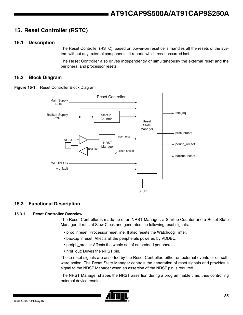 Reset controller (rstc), 1 description, 2 block diagram | 3 functional description, 1 reset controller overview | Rainbow Electronics AT91CAP9S250A User Manual | Page 85 / 1008