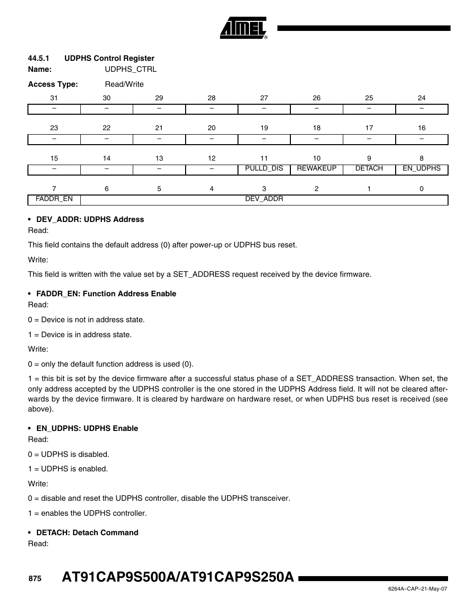 1 udphs control register, Udphs control register | Rainbow Electronics AT91CAP9S250A User Manual | Page 875 / 1008