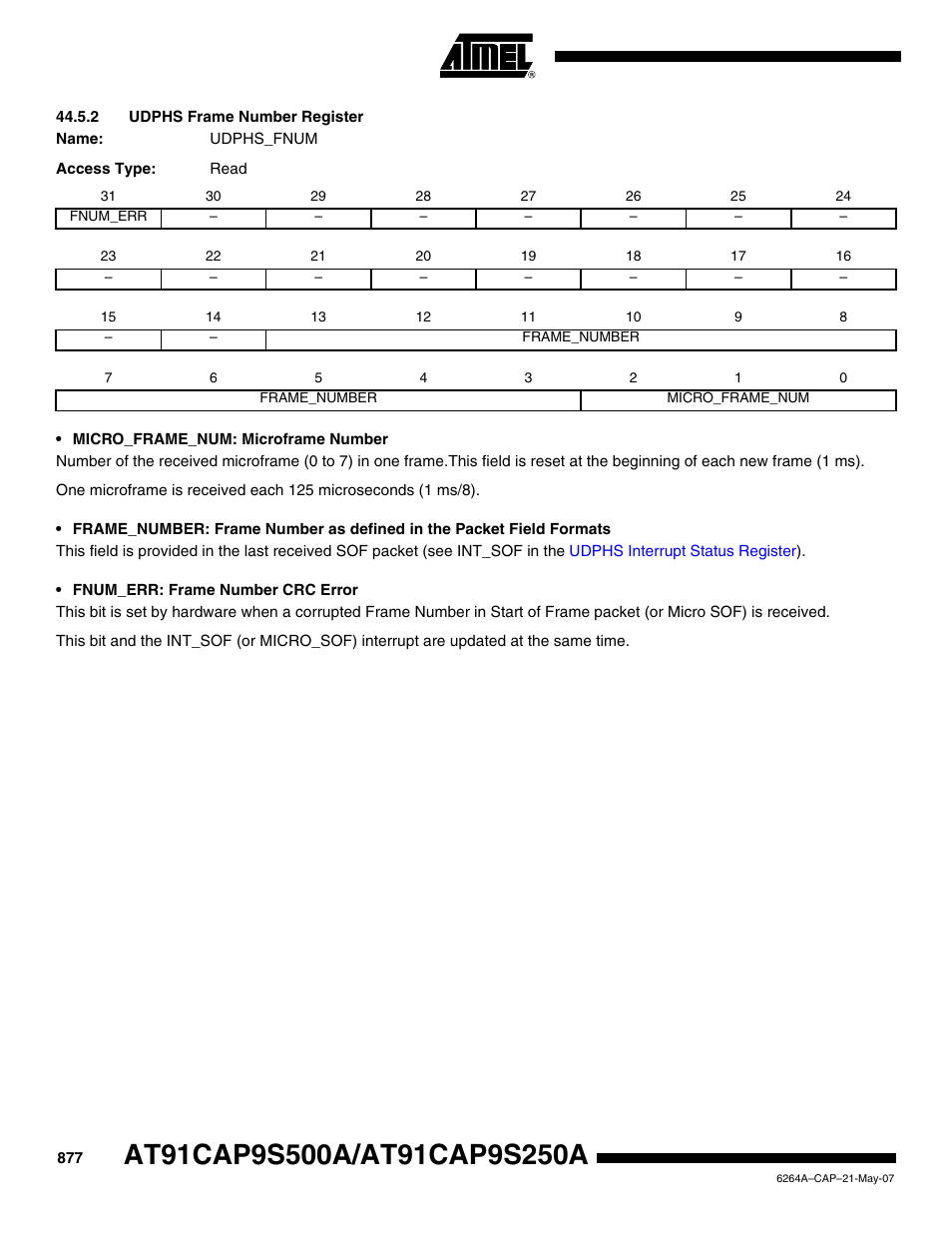 2 udphs frame number register, Udphs frame number register | Rainbow Electronics AT91CAP9S250A User Manual | Page 877 / 1008
