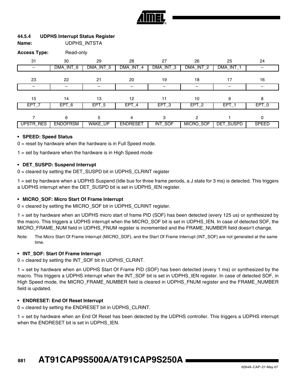 4 udphs interrupt status register, Section 44.5.4 ”udphs interrupt status register, Udph | Udphs interrupt status register | Rainbow Electronics AT91CAP9S250A User Manual | Page 881 / 1008