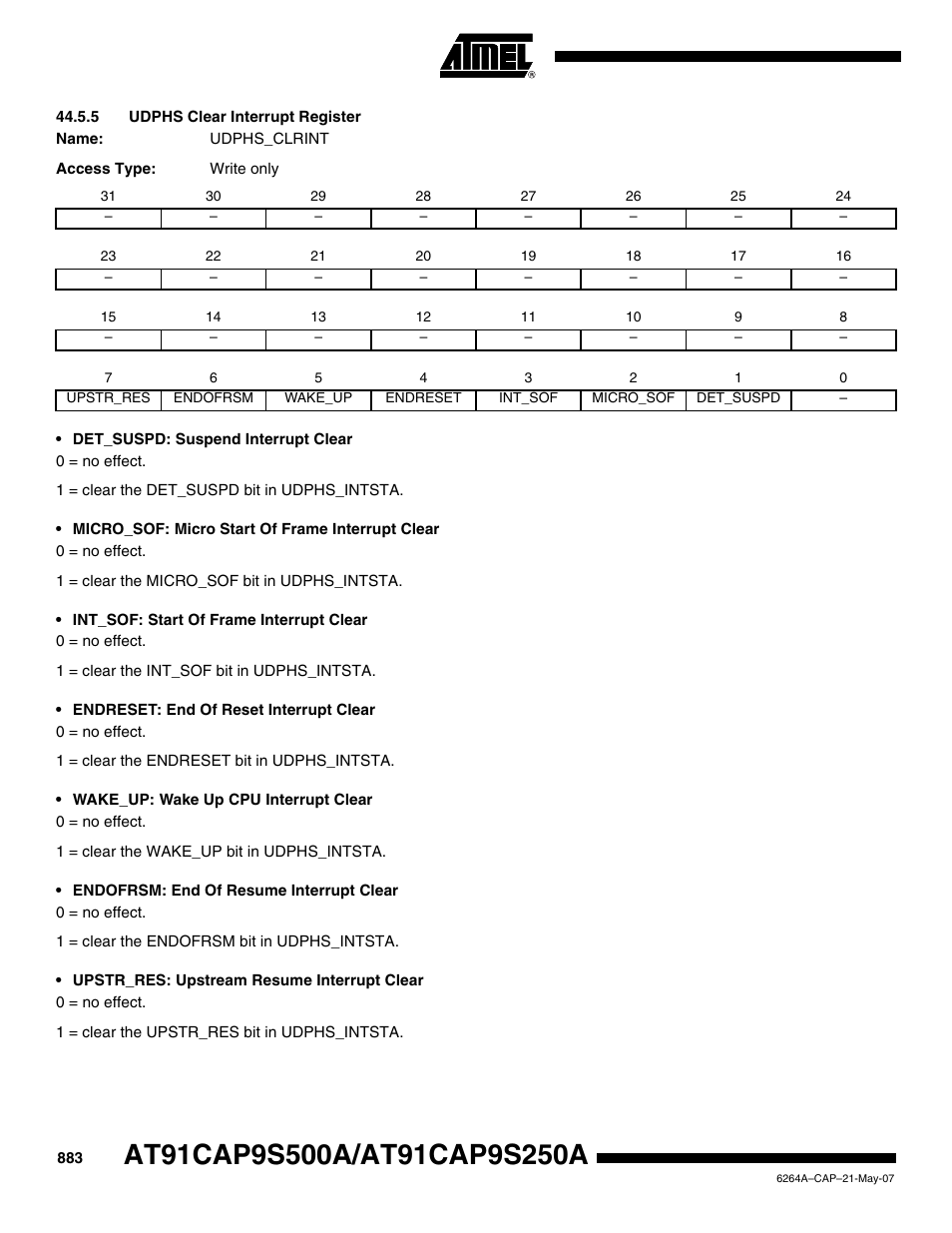 5 udphs clear interrupt register, Udphs clear interrupt register | Rainbow Electronics AT91CAP9S250A User Manual | Page 883 / 1008